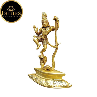 Tamas Brass Lord Krishna Dancing on The Hood of Kaliya Naag Statue/Idol (Golden) (9.5 Inches)