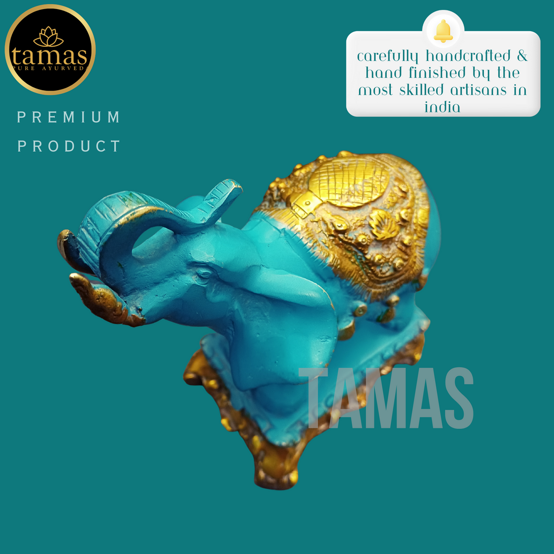 Tamas Brass Handcrafted Ethnic Elephant Showpiece Trunk Up Statue / Idol with Antique Finish   (6.5 x 3.5 x 6.5 Inches, Golden & Blue) (Pack of 1)
