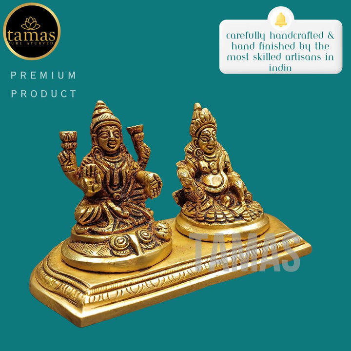 Tamas Brass Goddess Lakshmi and Lord Kuber Statue/Idol (Golden) (3 Inches)