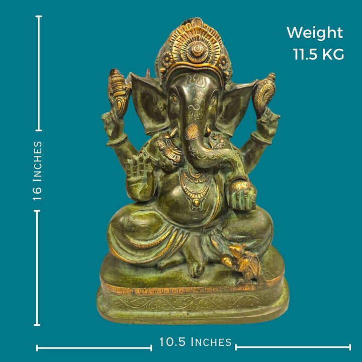 Brass Lord Ganesha Enjoying Modak - Statue/Idol (16 Inch)(Green)