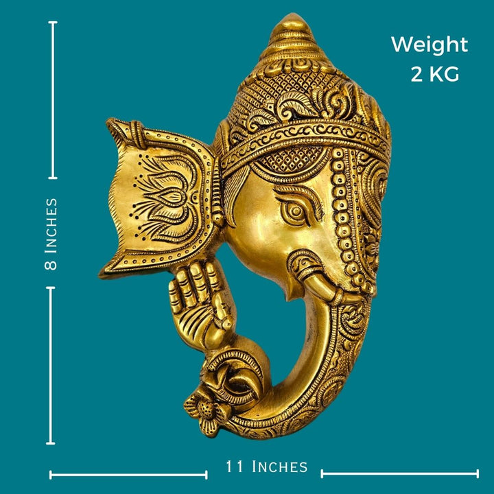 Brass Lord Ganesha Mask Wall Hanging for Decoration (11 Inch)(Golden)
