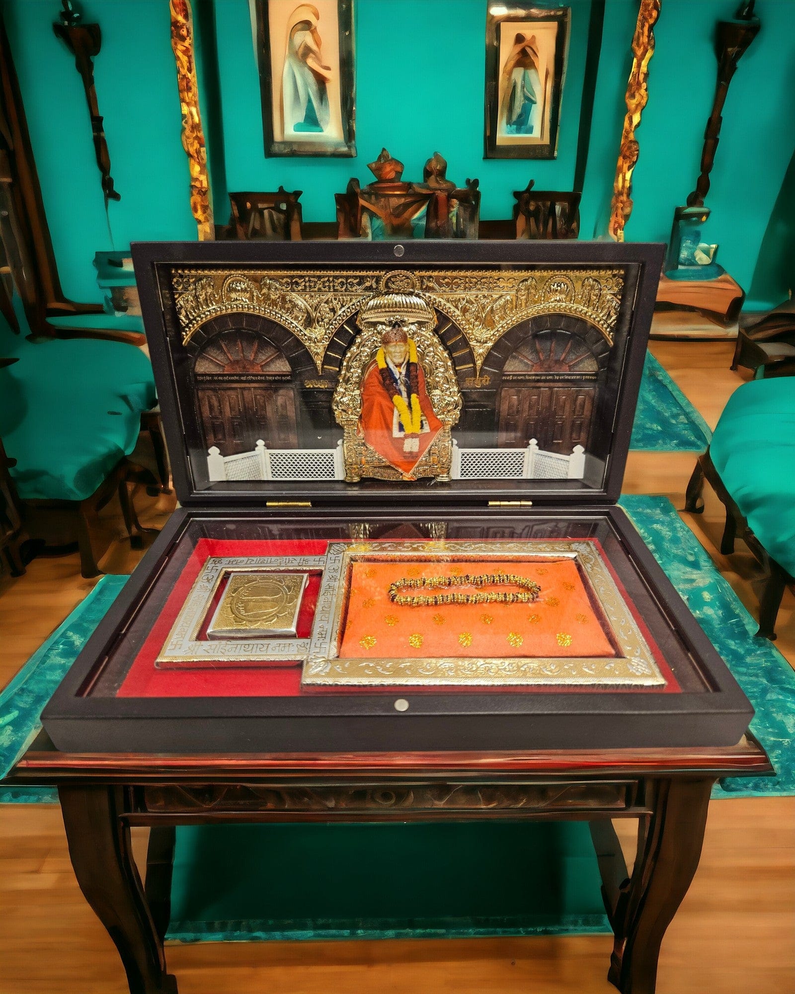Gold Foil Shirdi Sai Baba Gift/Puja Box(5.5 Inch)(Multicolour) - Tamas: Luxury Indian Gifts