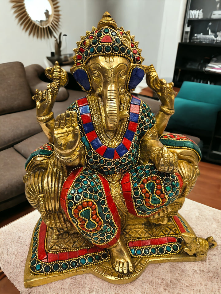 Tamas Brass Multi color Lord Ganesha Seated in a Dignified Posture Idol/Statue (9.6 Inch) (Multi color)