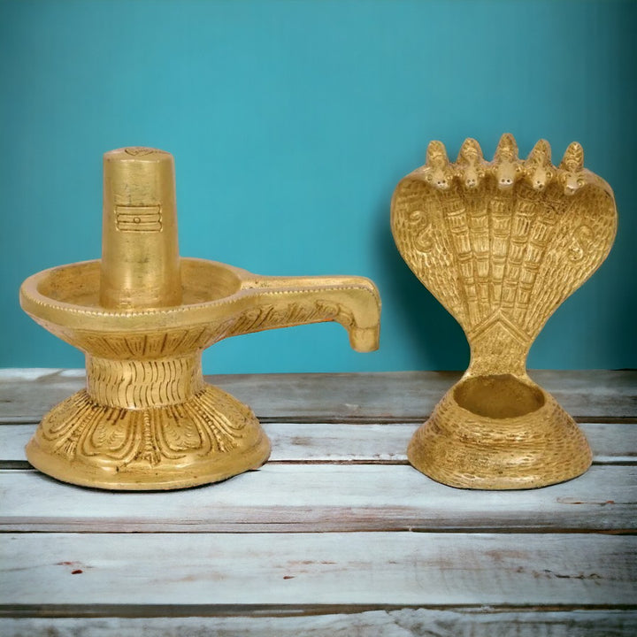 Tamas Brass Shivling with Sheshnag Statue (Golden) Height: 6 inches