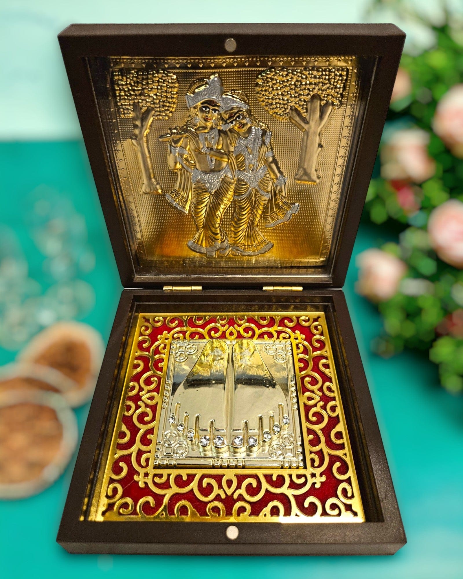 Gold Foil Lord Radhe Krishna Charan Paduka Gift/Puja Box(5 Inch)(Golden) - Tamas: Luxury Indian Gifts