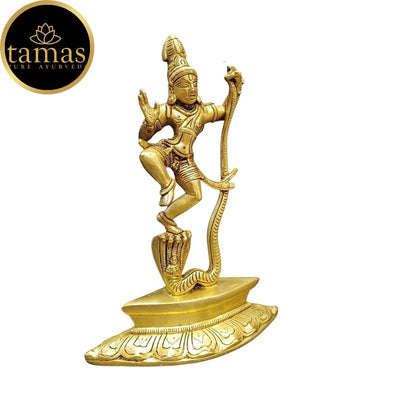 Tamas Brass Lord Krishna Dancing on The Hood of Kaliya Naag Statue/Idol (Golden) (9.5 Inches)