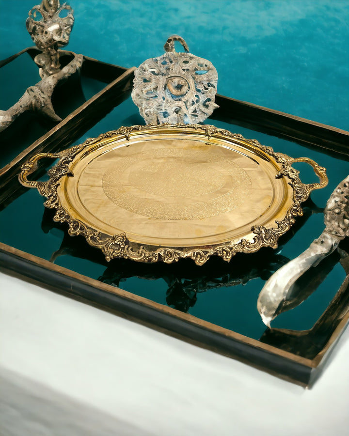 Brass Handicrafts Ornate Tray with Handles (0.8 Inch) (Golden)