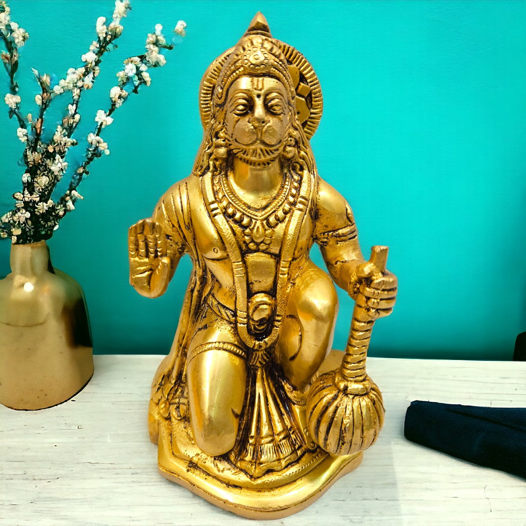 Brass Lord Hanuman Murti for Home Hindu God Bajrangbali Statue/Idol (7 Inch) (Golden)
