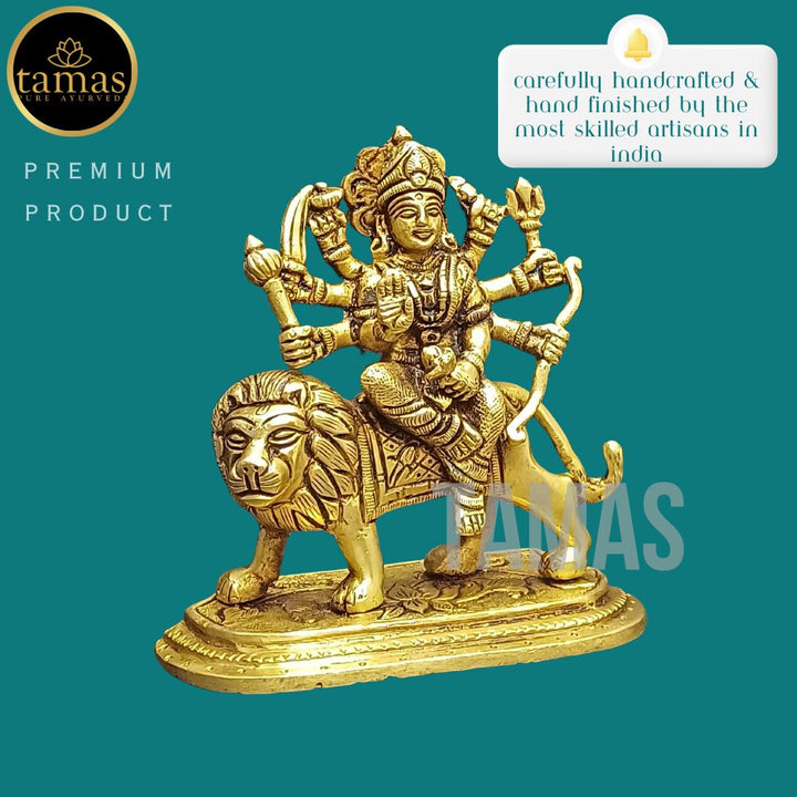 Tamas Brass Durga Mata with Lion Statue/Idol (Golden) (4.5 Inches)