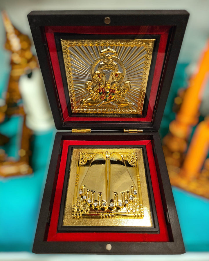 Gold Foil Ganeshaji Charan Paduka Gift/Puja Box(5 Inch)(Golden) - Tamas: Luxury Indian Gifts