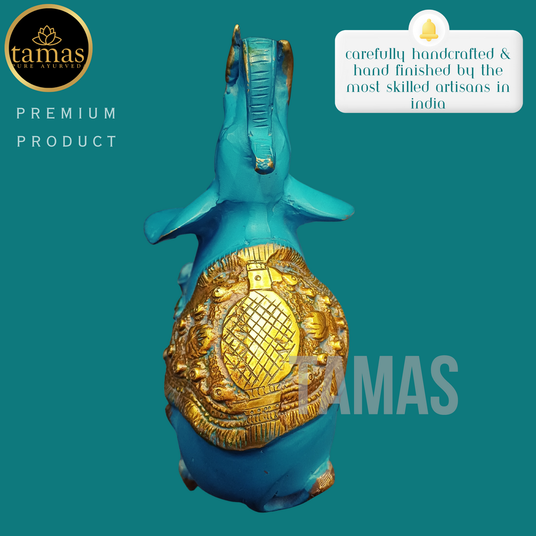 Tamas Brass Handcrafted Ethnic Elephant Showpiece Trunk Up Statue / Idol with Antique Finish   (6.5 x 3.5 x 6.5 Inches, Golden & Blue) (Pack of 1)