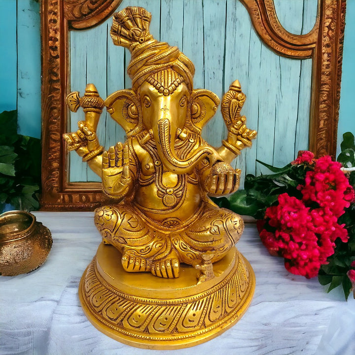 Brass Lord Ganesh Idol for Good Luck Statue/Idol (12 Inch) (Golden)