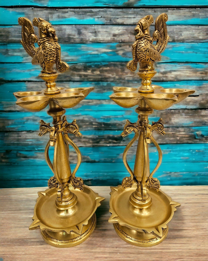 Tamas brass Mayur Puja Lamp/Diya/Deepak/Deepam Peacock Diya (14 Inch) (Golden) - Tamas: Luxury Indian Gifts