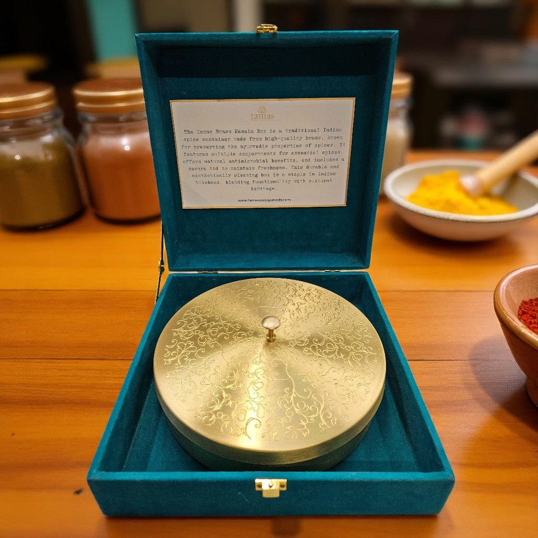 Tamas Pure Brass Masala Box (8 Inch) | Traditional Spice Storage Box with 7 Katoris & 1 Spoon | Indian Masala Dabba for Kitchen