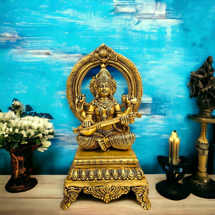 Brass Divinity of Knowledge - Saraswati Statue/Idol (11 Inch) (Golden)