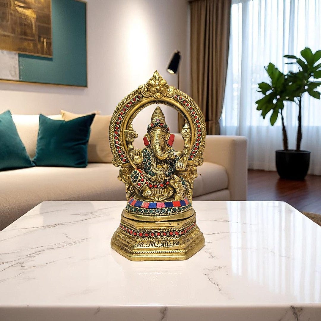 Tamas Brass Ganesh Bhagwan Sitting Posturel and Decorated with Multicolored Stone (Multicolor) Height 9.6 inches | Free Luxury Gift Box