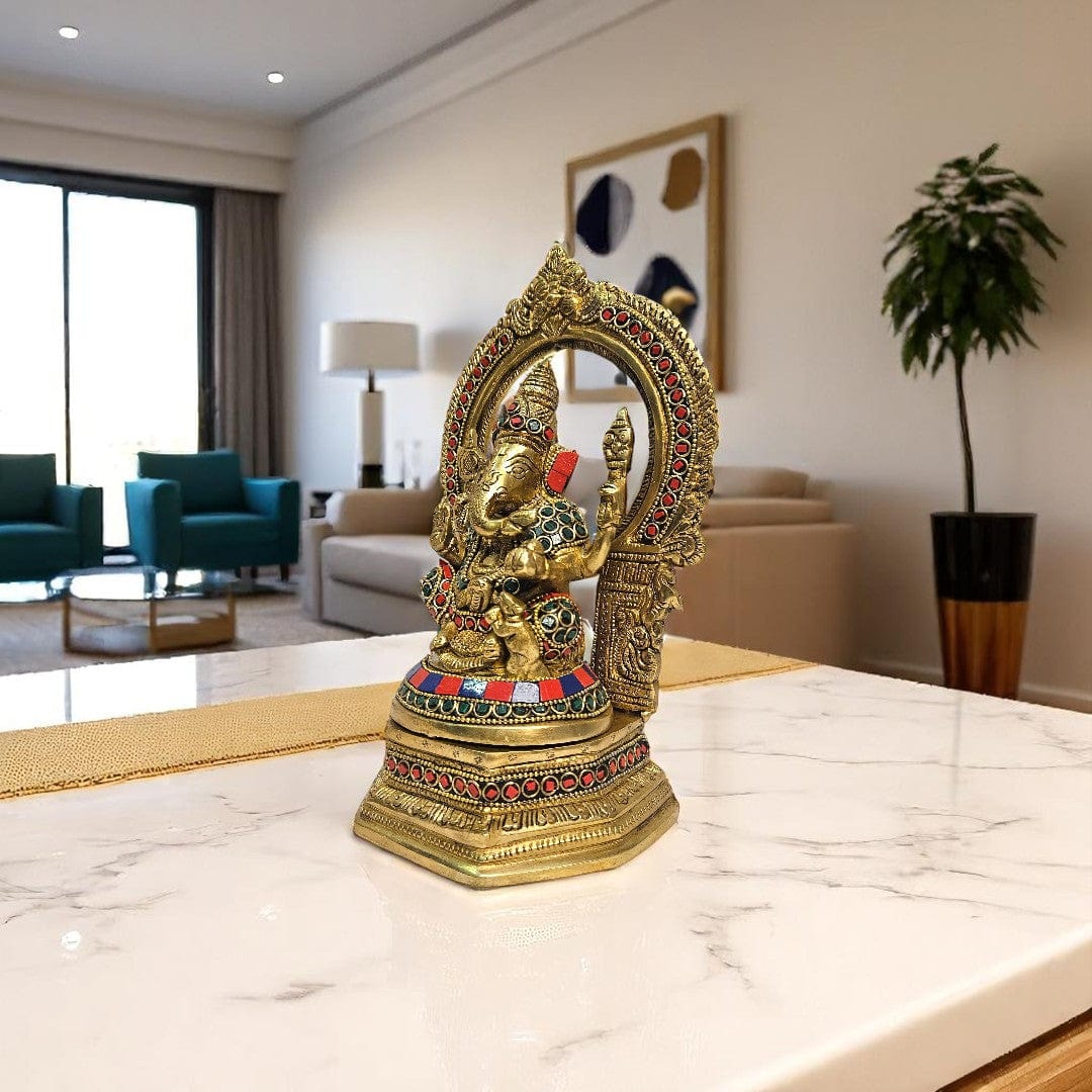 Tamas Brass Ganesh Bhagwan Sitting Posturel and Decorated with Multicolored Stone (Multicolor) Height 9.6 inches | Free Luxury Gift Box