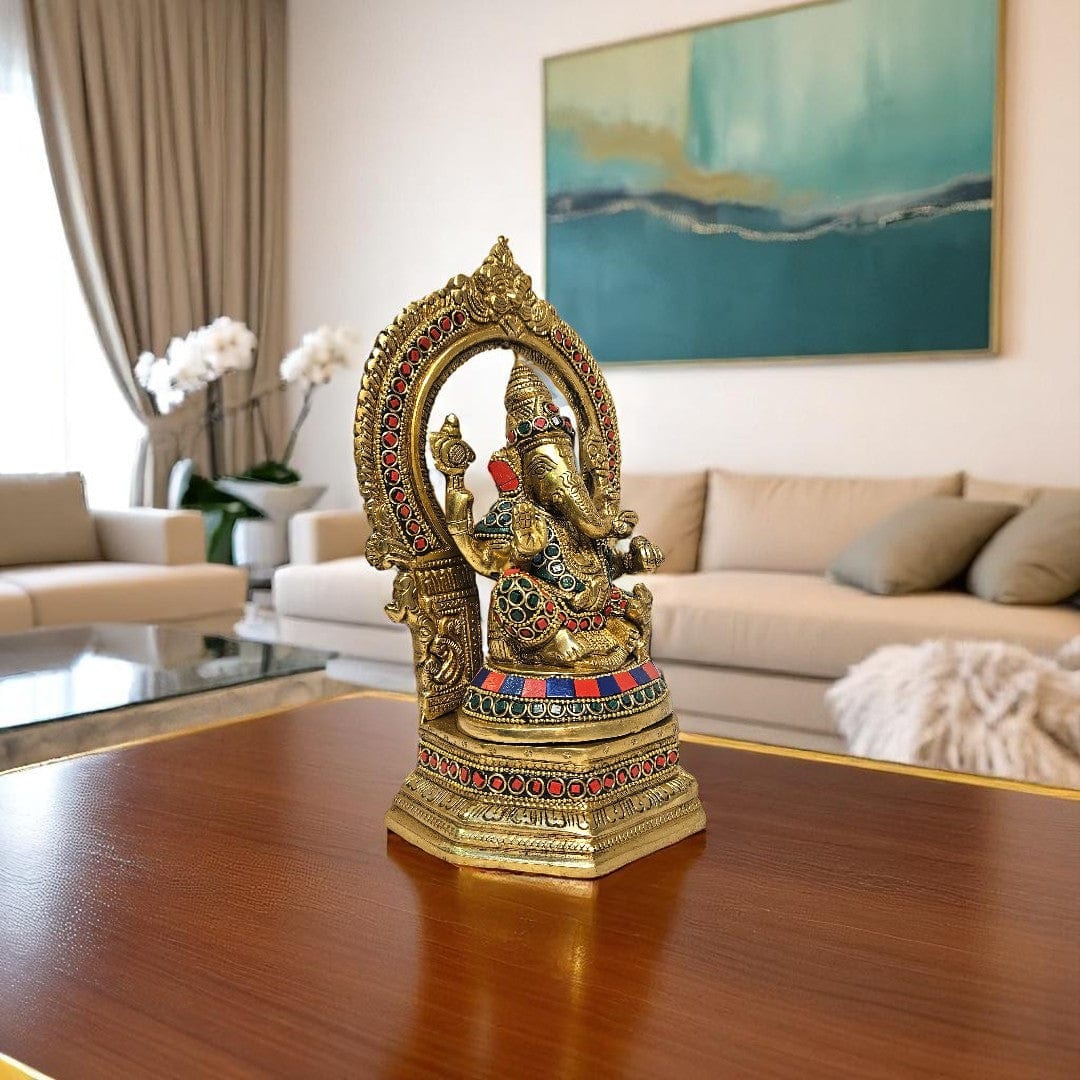 Tamas Brass Ganesh Bhagwan Sitting Posturel and Decorated with Multicolored Stone (Multicolor) Height 9.6 inches | Free Luxury Gift Box
