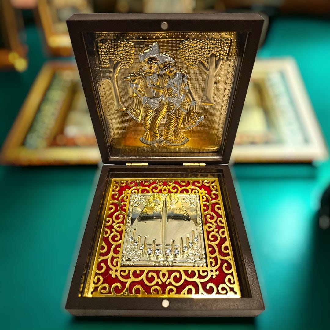 Gold Foil Lord Radhe Krishna Charan Paduka Gift/Puja Box(5 Inch)(Golden) - Tamas: Luxury Indian Gifts