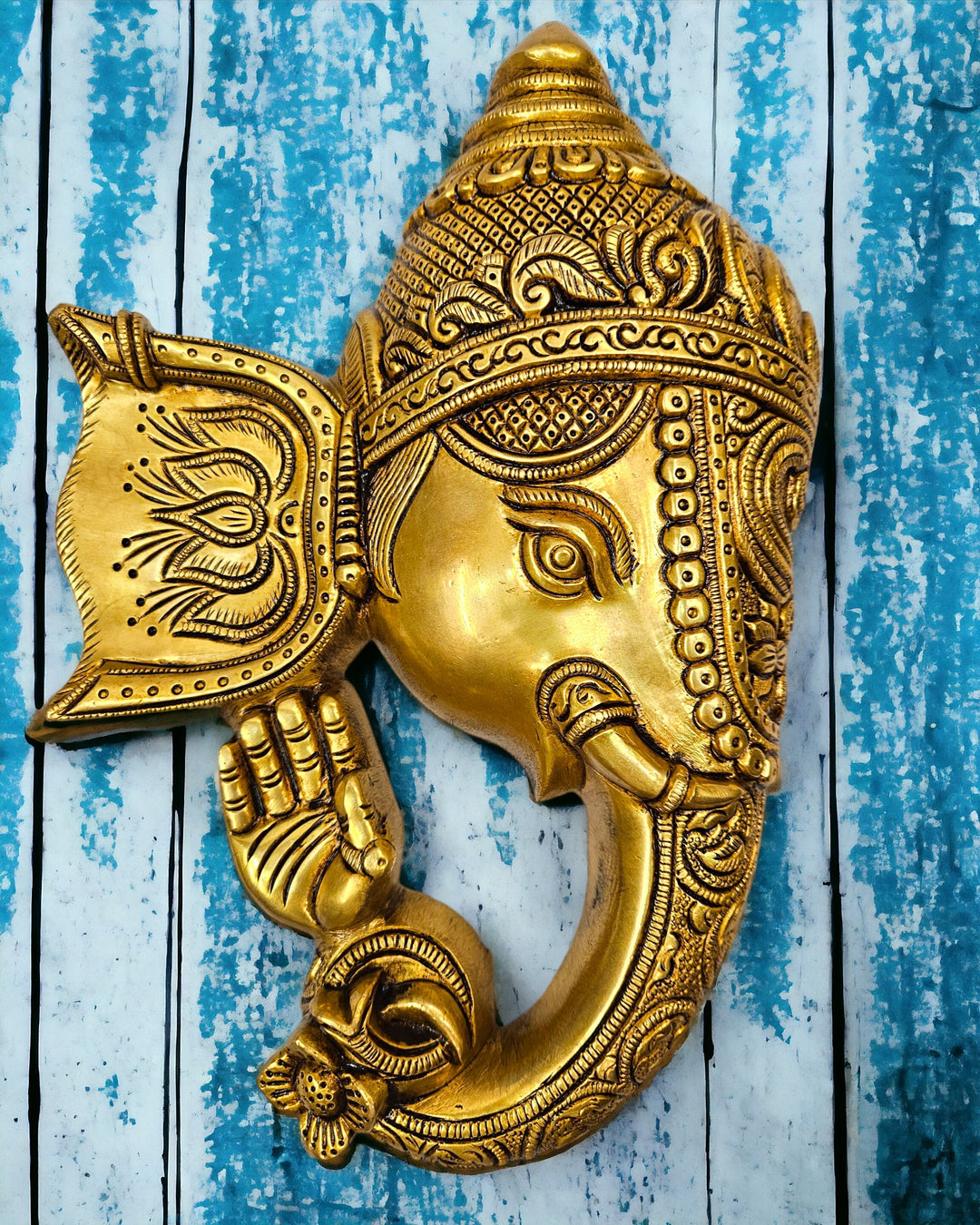 Brass Lord Ganesha Mask Wall Hanging for Decoration (11 Inch)(Golden)