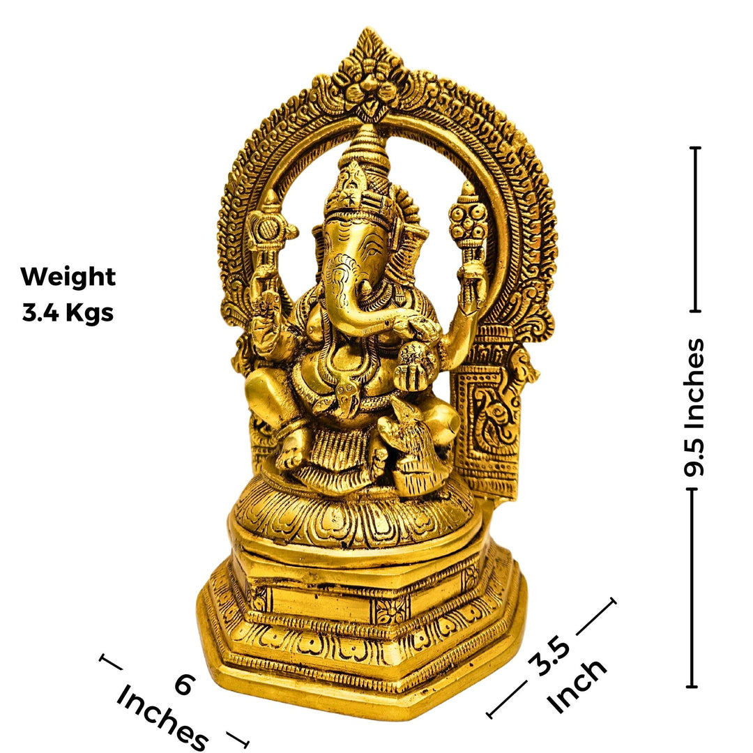 Tamas Brass Lord Ganesha with Aureole and Kirtimukha Statue/Idol (Golden)(9.5 Inches)