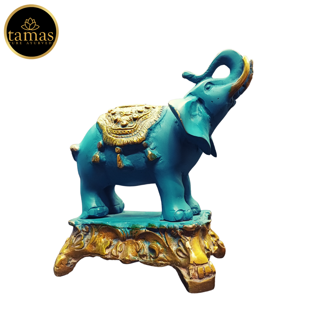 Tamas Brass Handcrafted Ethnic Elephant Showpiece Trunk Up Statue / Idol with Antique Finish   (6.5 x 3.5 x 6.5 Inches, Golden & Blue) (Pack of 1)