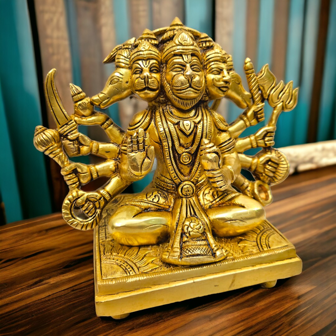 Tamas Brass Panchmukhi Hanuman Sitting Statue/Idol (8 Inch) (Golden)