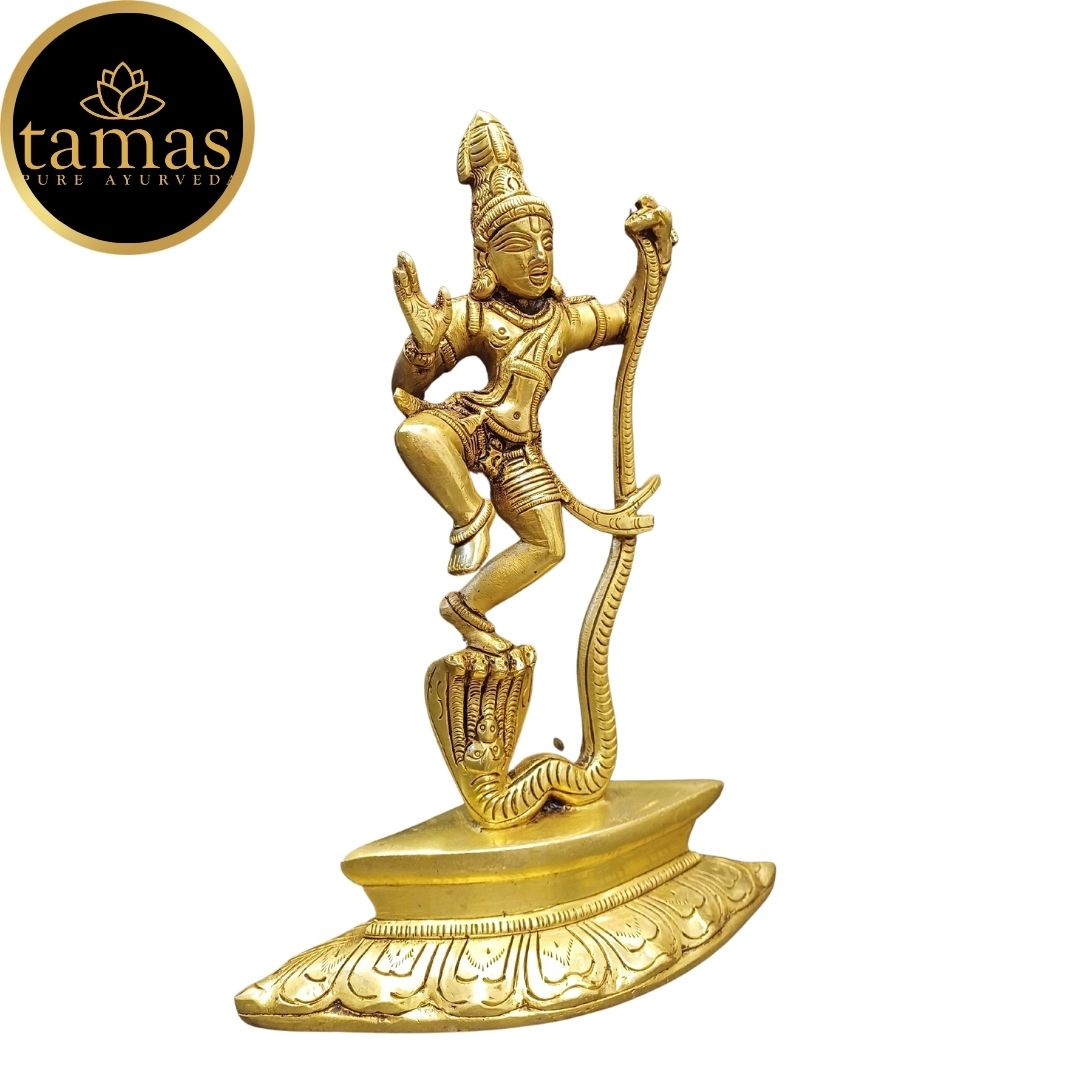 Tamas Brass Lord Krishna Dancing on The Hood of Kaliya Naag Statue/Idol (Golden) (9.5 Inches)