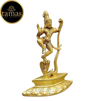 Tamas Brass Lord Krishna Dancing on The Hood of Kaliya Naag Statue/Idol (Golden) (9.5 Inches)