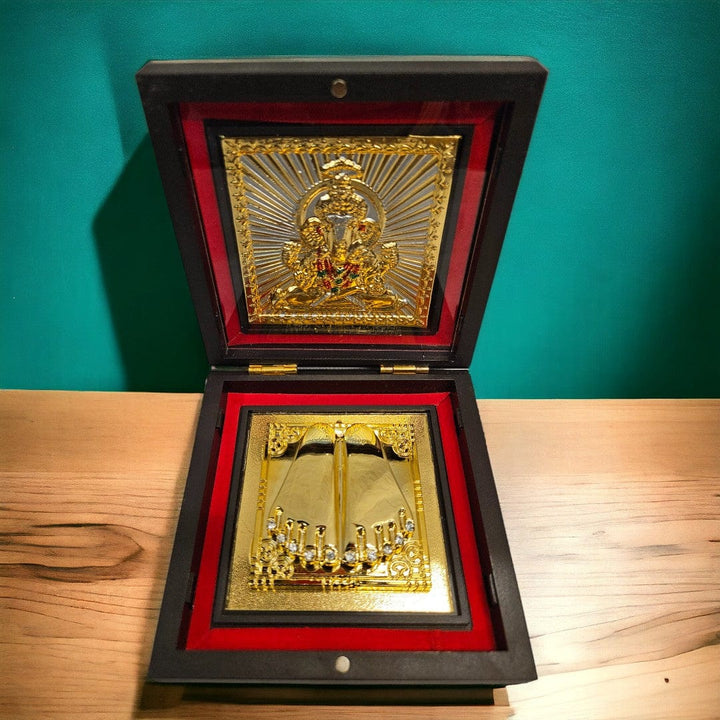 Gold Foil Ganeshaji Charan Paduka Gift/Puja Box(5 Inch)(Golden) - Tamas: Luxury Indian Gifts