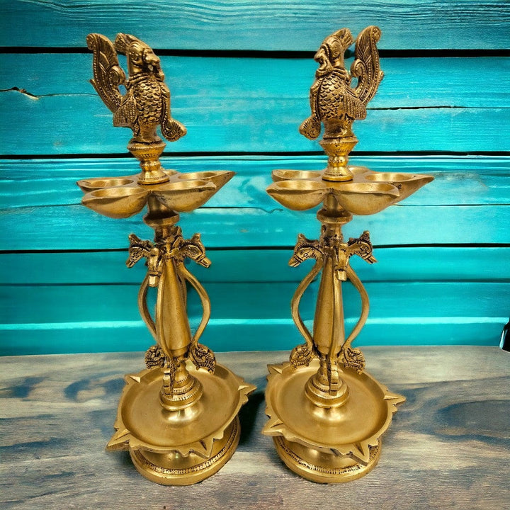 Tamas brass Mayur Puja Lamp/Diya/Deepak/Deepam Peacock Diya (14 Inch) (Golden) - Tamas: Luxury Indian Gifts