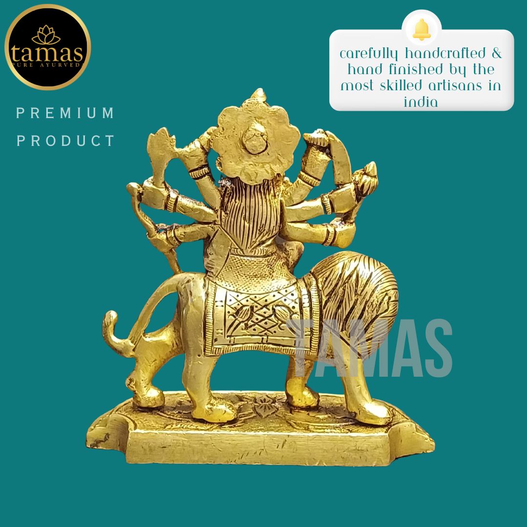 Tamas Brass Durga Mata with Lion Statue/Idol (Golden) (4.5 Inches)