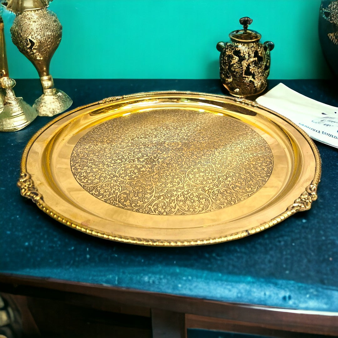 Brass Handmade Round Traditional Vintage Floral Serving Tray (0.8 Inch) (Golden)