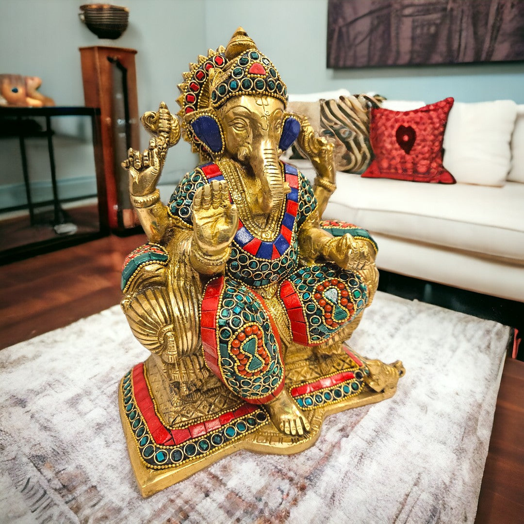 Tamas Brass Multi color Lord Ganesha Seated in a Dignified Posture Idol/Statue (9.6 Inch) (Multi color)