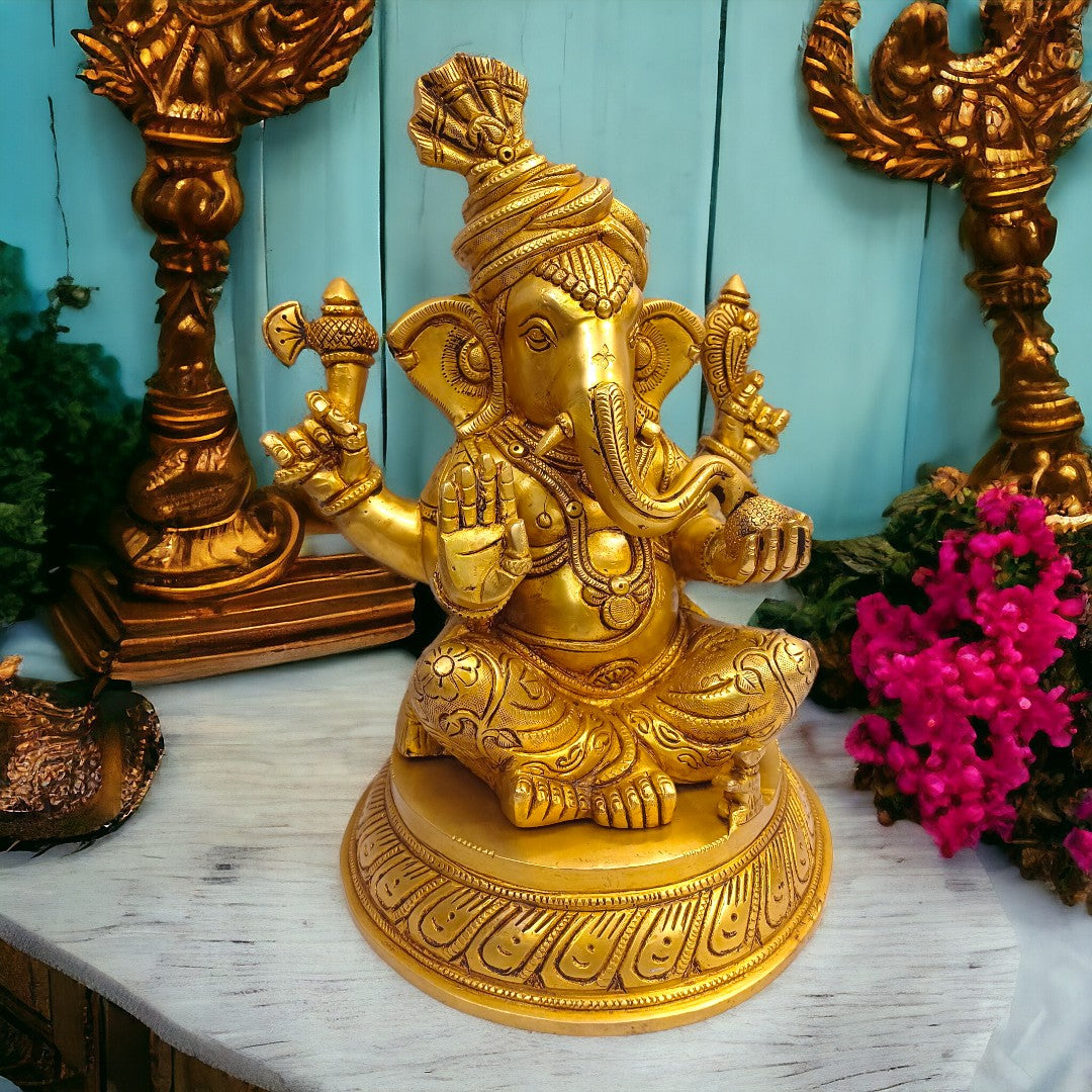 Brass Lord Ganesh Idol for Good Luck Statue/Idol (12 Inch) (Golden)