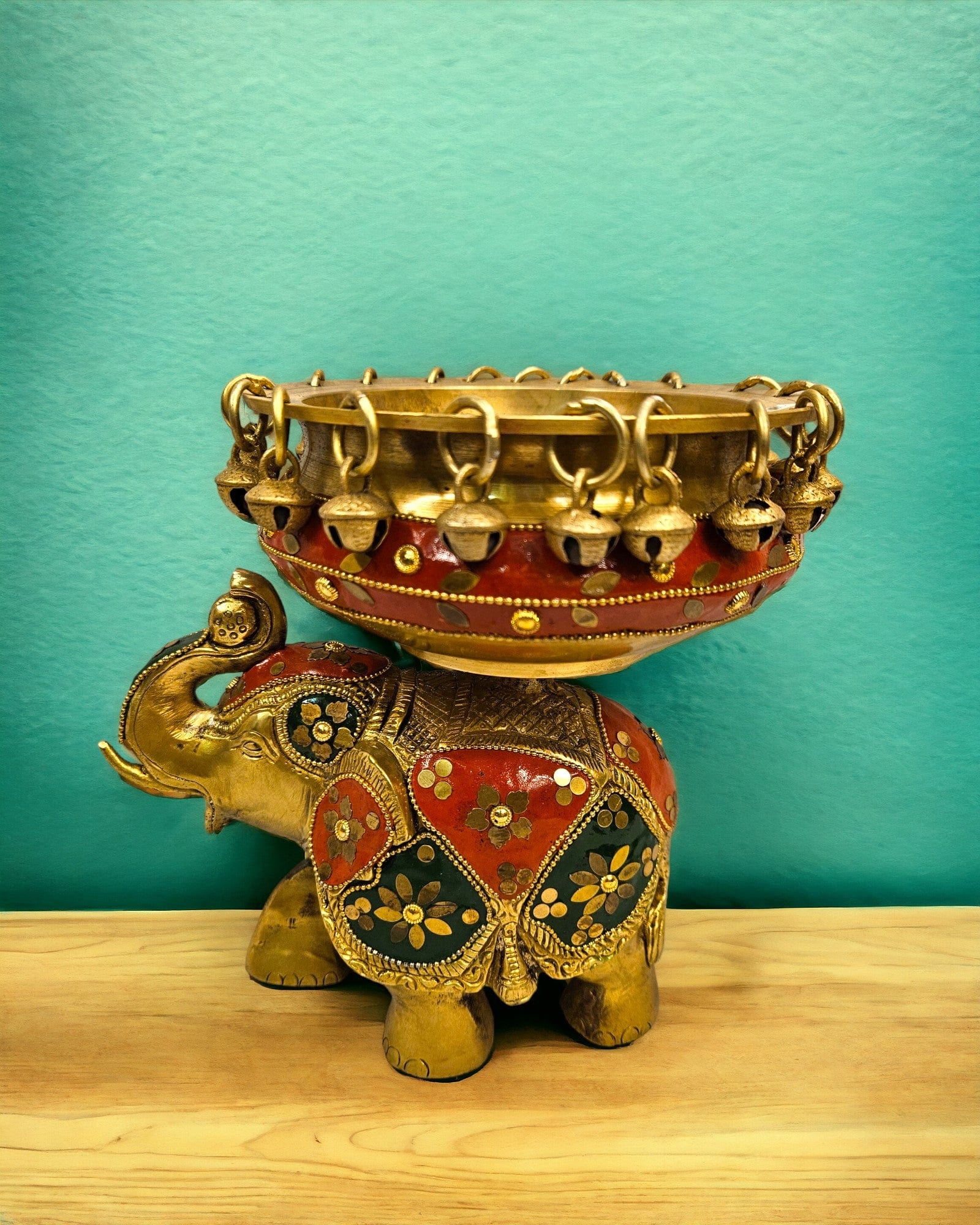 Brass Elephant Urli Stone Work (8 Inch) (Multicolor) - Tamas: Luxury Indian Gifts