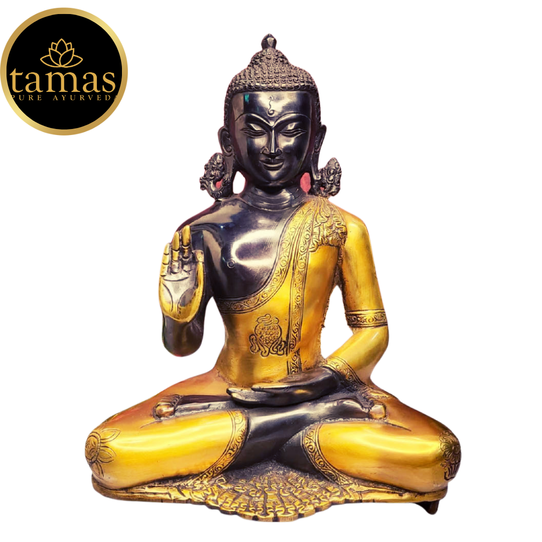 Tamas Brass Handcrafted Buddha In Deep Meditation Showpiece, Standard Statue / Idol with Antique Finish (10 x 6.5 x 12 Inches, Brown & Yellow) (Pack of 1)