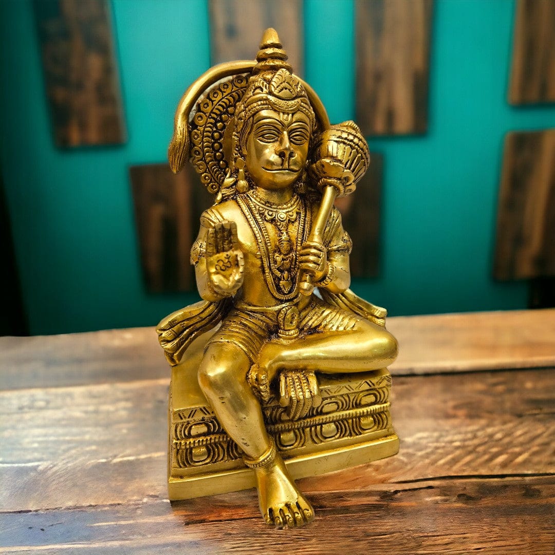 Tamas Brass Hanuman Sitting and Decorative Statue/Idol (9 Inch) (Golden) - Tamas: Luxury Indian Gifts