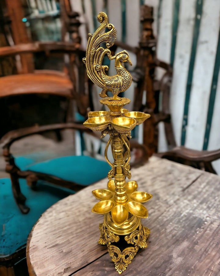 Brass Ten Wicks Peacock Lamp (24.5 Inch) (Golden) - Tamas: Luxury Indian Gifts