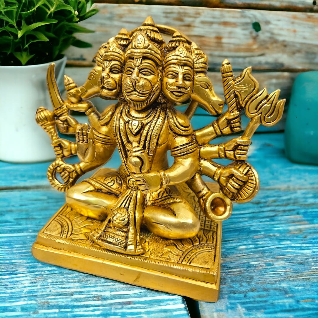 Tamas Brass Panchmukhi Hanuman Sitting Statue/Idol (8 Inch) (Golden) - Tamas: Luxury Indian Gifts