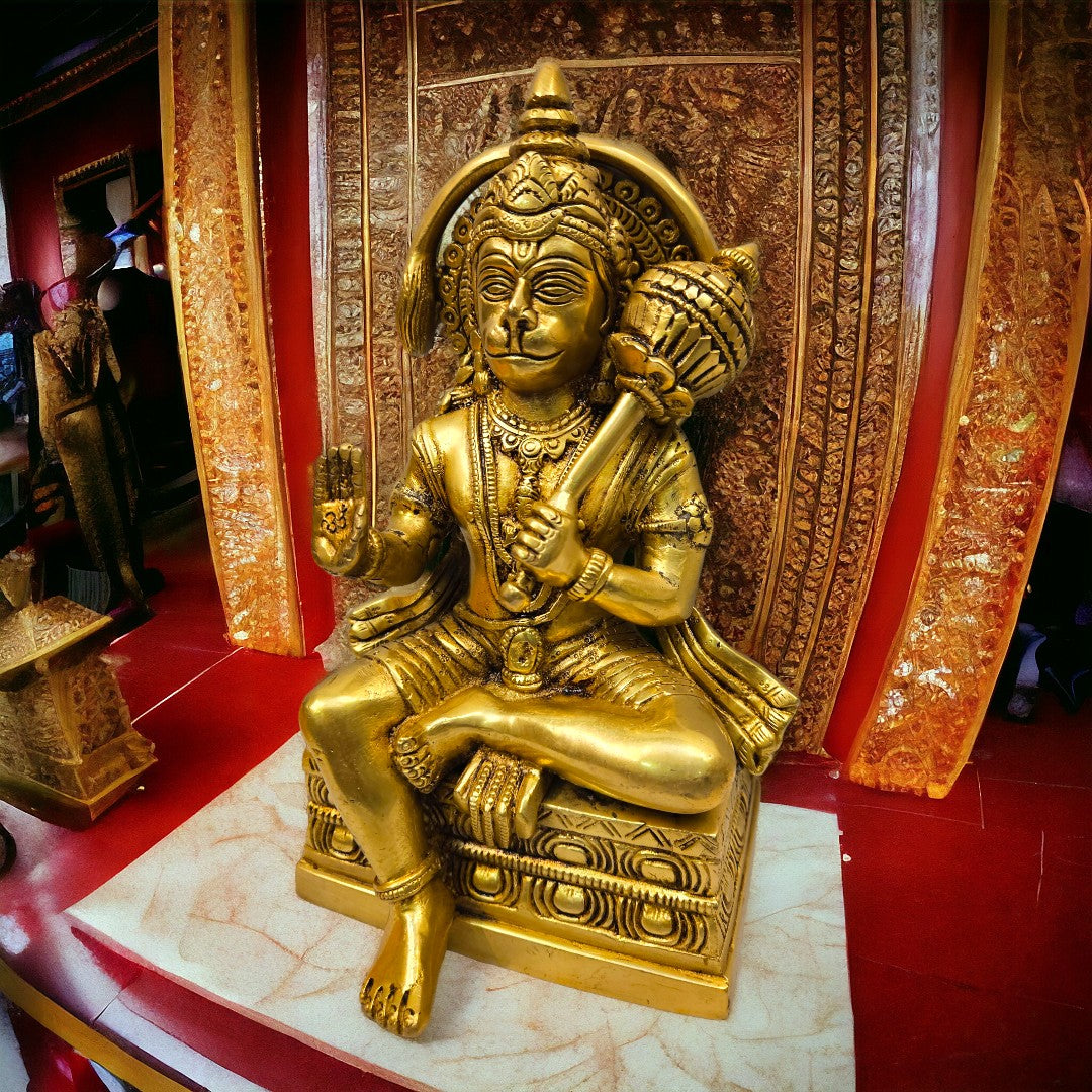 Tamas Brass Hanuman Sitting and Decorative Statue/Idol (9 Inch) (Golden)