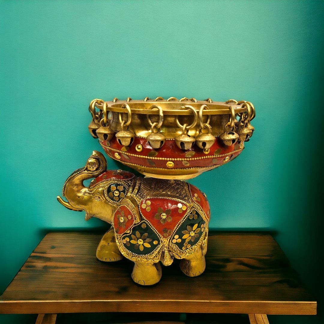 Brass Elephant Urli Stone Work (8 Inch) (Multicolor) - Tamas: Luxury Indian Gifts