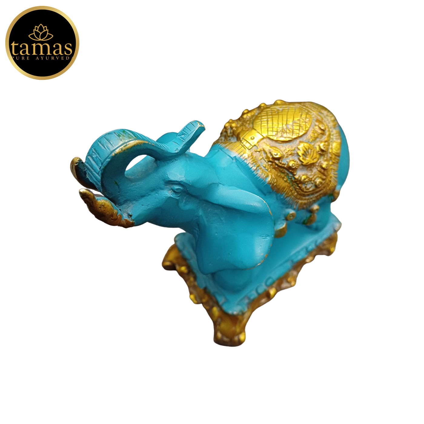 Tamas Brass Handcrafted Ethnic Elephant Showpiece Trunk Up Statue / Idol with Antique Finish   (6.5 x 3.5 x 6.5 Inches, Golden & Blue) (Pack of 1)