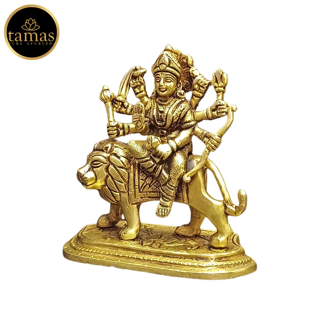 Tamas Brass Durga Mata with Lion Statue/Idol (Golden) (4.5 Inches)
