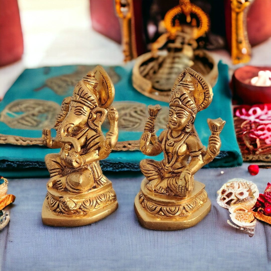 Tamas Brass Lakshmi Ganesh Statue/Idol (4 Inch) (Golden) - Tamas: Luxury Indian Gifts