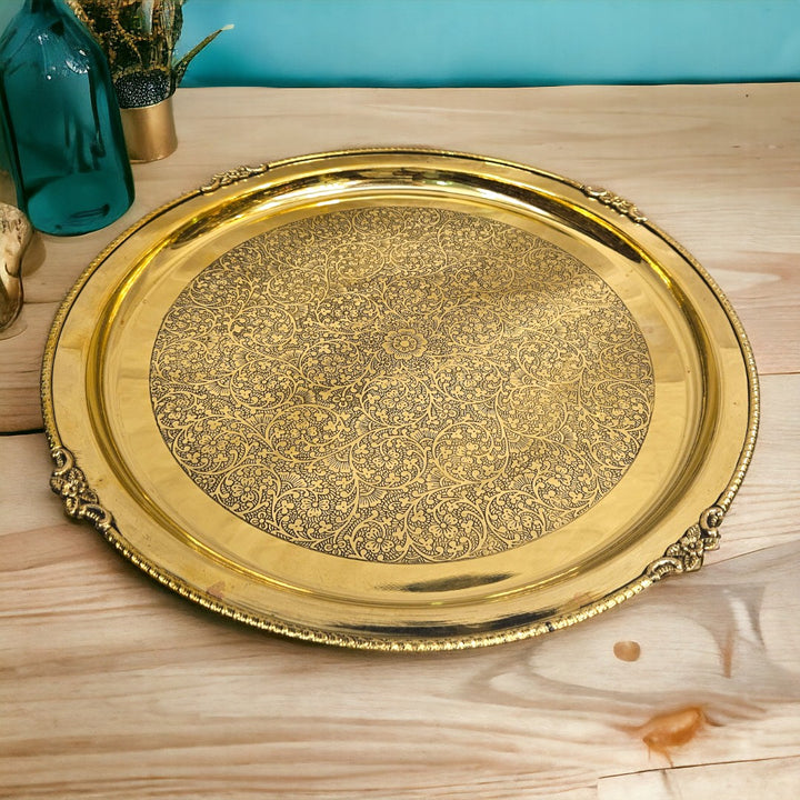 Brass Handmade Round Traditional Vintage Floral Serving Tray (0.8 Inch) (Golden)