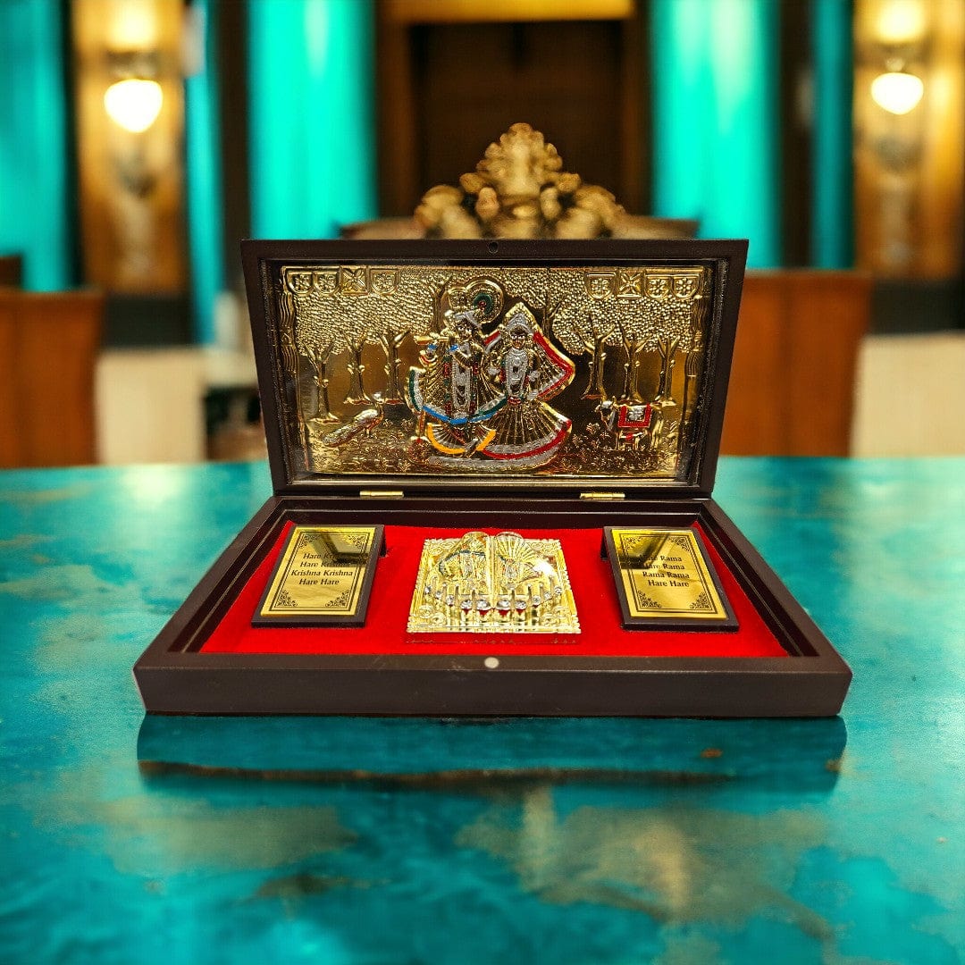 Gold Foil Radhe Krishna Charan Paduka Gift/Puja Box(5.5 Inch)(Multicolour) - Tamas: Luxury Indian Gifts