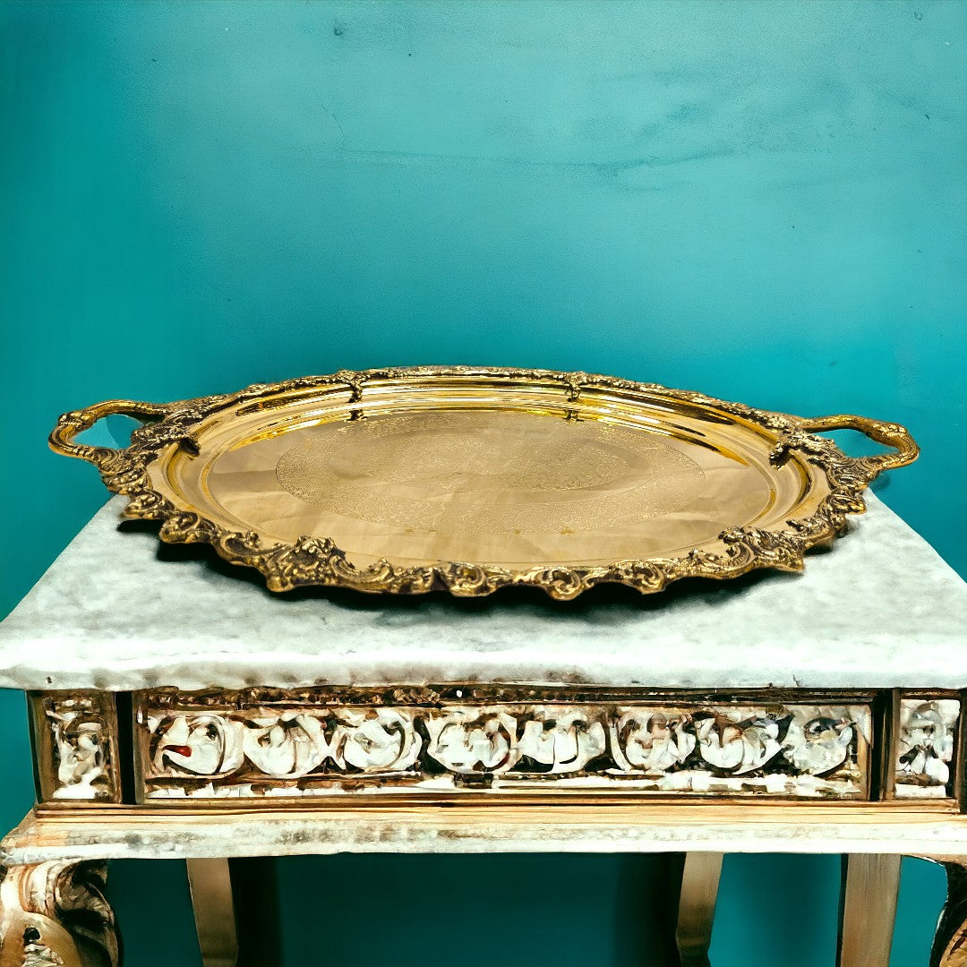 Brass Handicrafts Ornate Tray with Handles (0.8 Inch) (Golden)