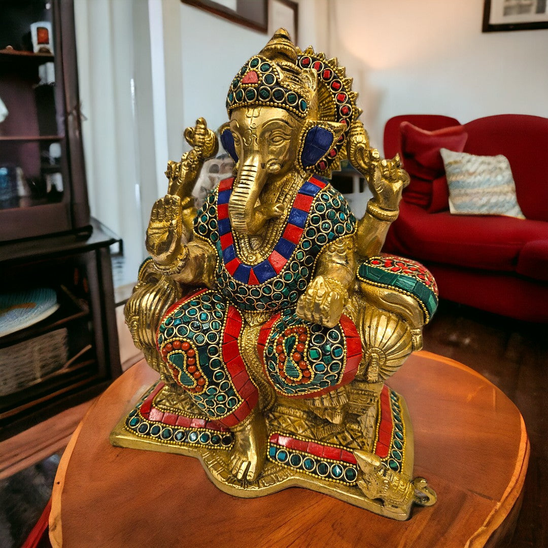 Tamas Brass Multi color Lord Ganesha Seated in a Dignified Posture Idol/Statue (9.6 Inch) (Multi color)