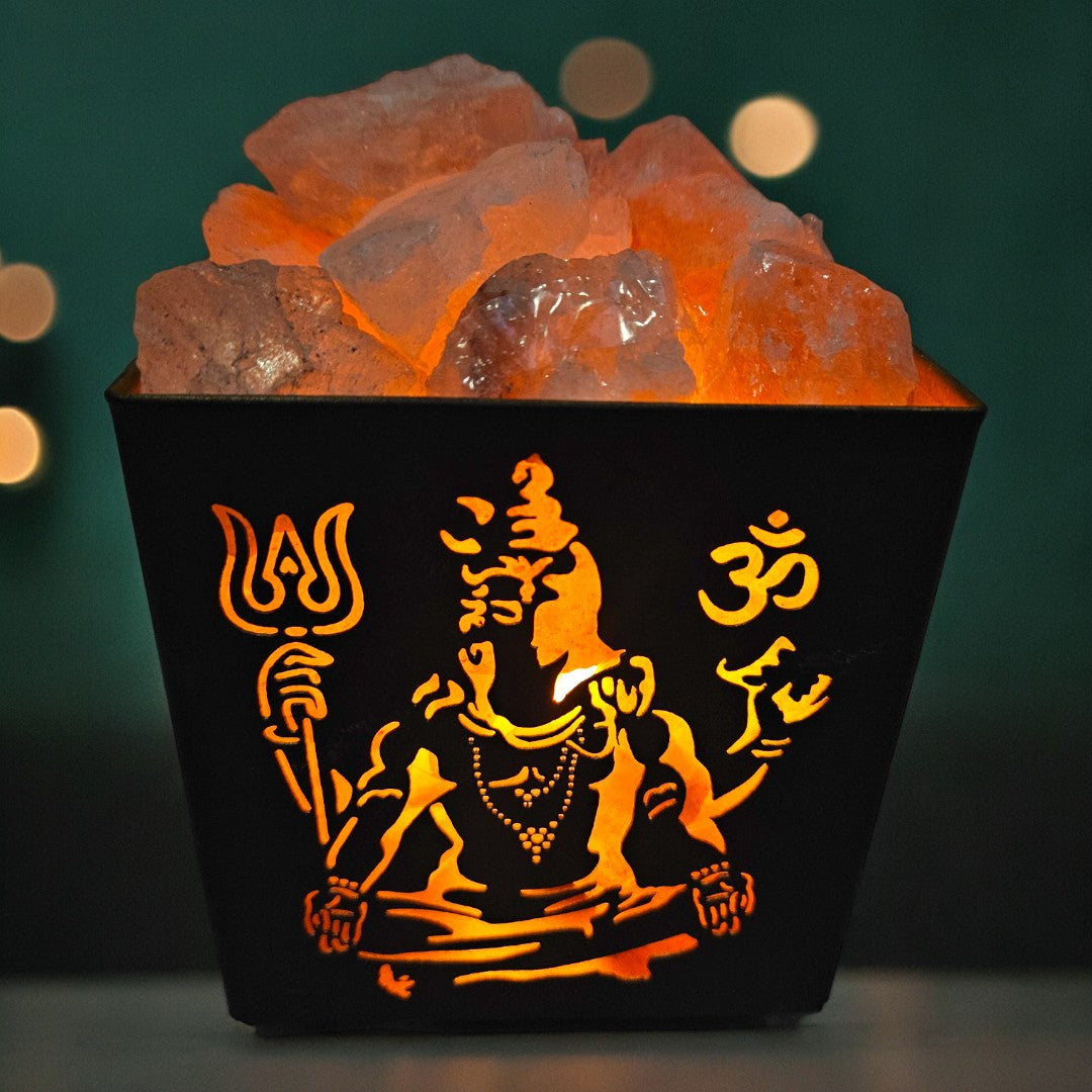 Shiv Shankar Metal Basket Lamp with Chunks of Himalayan Rock Salt (6 Inch)